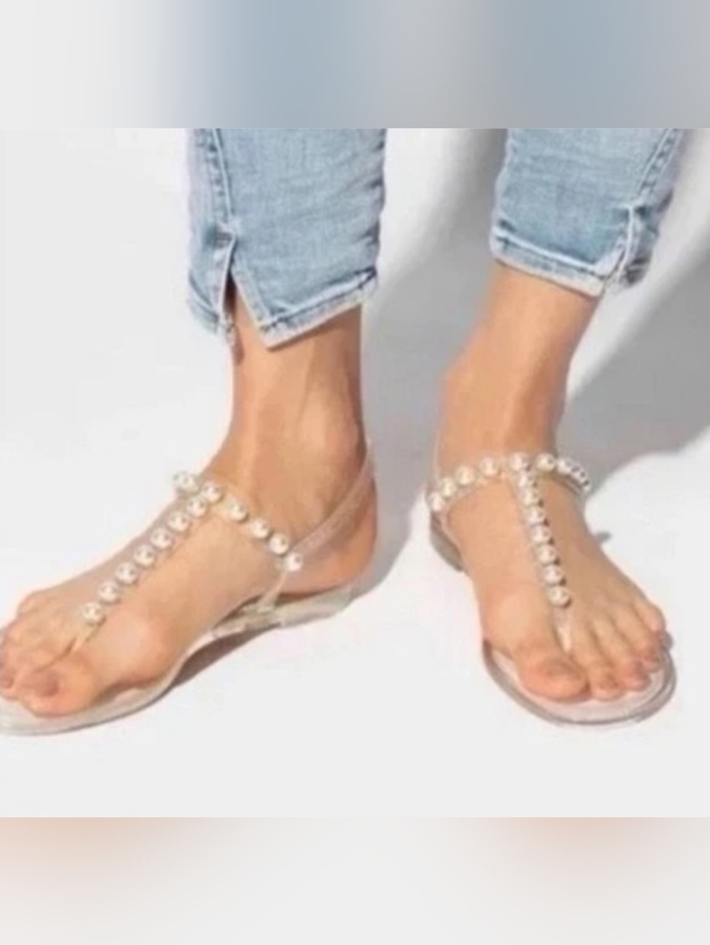 Stuart Weiztman Goldie Clear Pearl Embellished T Strap Sandals Size 9